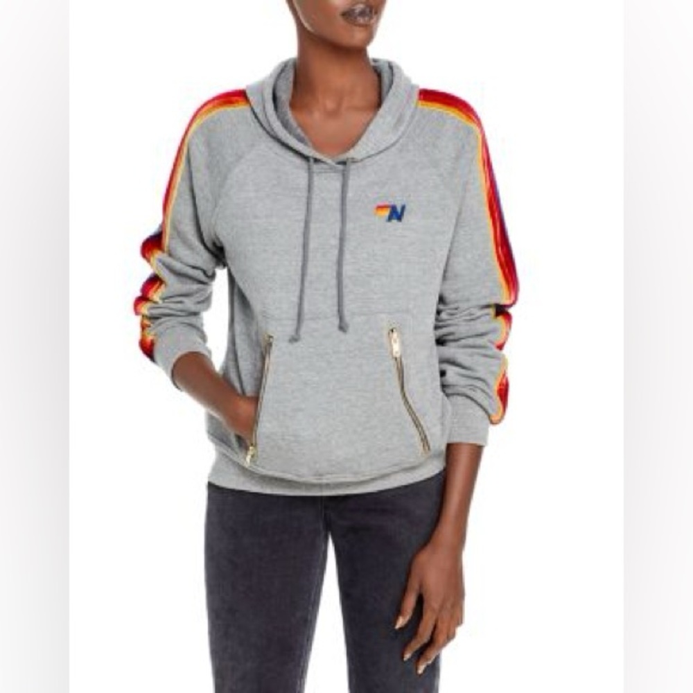Aviator Nation XS Gray Pullover Hoodie Velvet Stripes - Picture 2 of 8